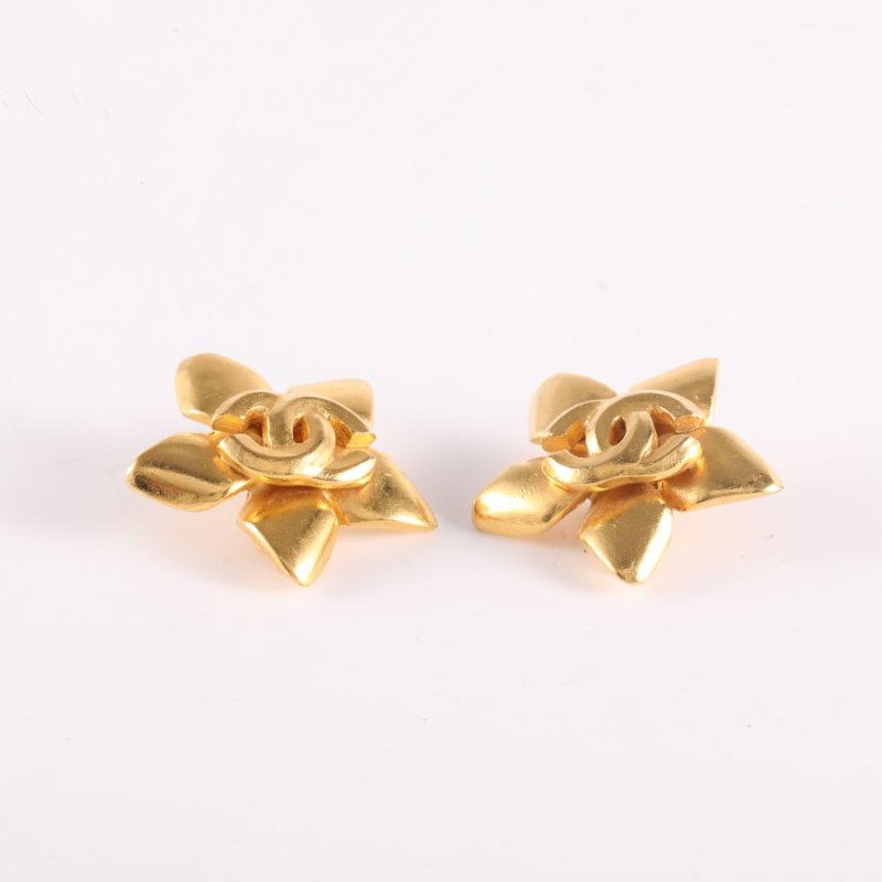 CHANEL 合金96P中古花卉造型雙Clogo耳環耳夾耳環-2