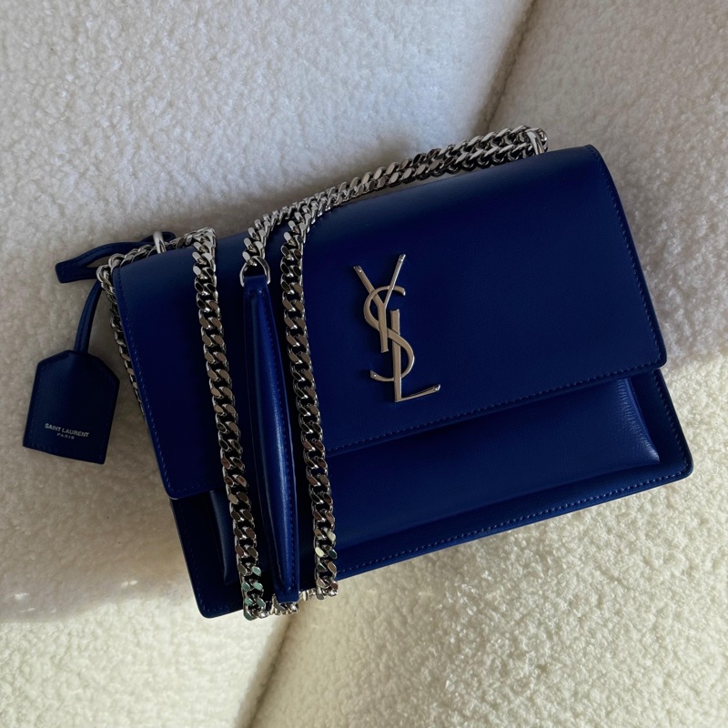 YSL Yves Saint Laurent Sunset系列日落包,限量季節性藍色,銀色硬件,經典中號-0