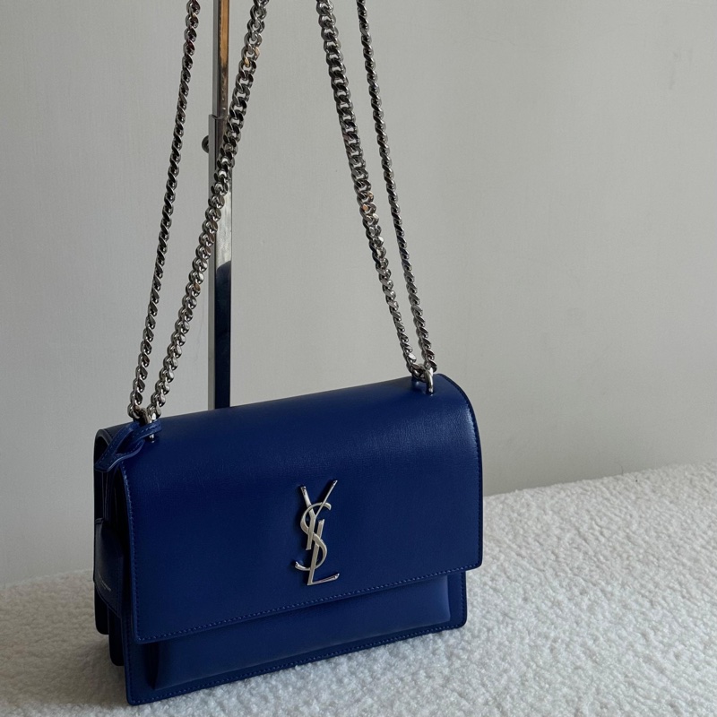YSL Yves Saint Laurent Sunset系列日落包,限量季節性藍色,銀色硬件,經典中號-4
