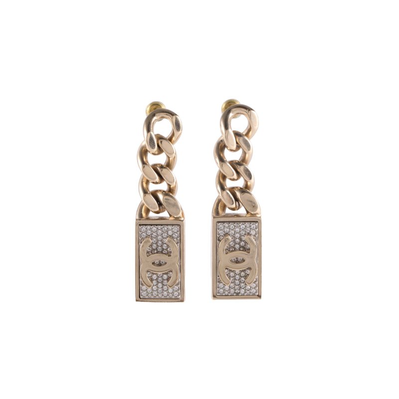 CHANEL 合金21C鑲鑽LOGO金屬鏈條耳環耳墜耳環-0