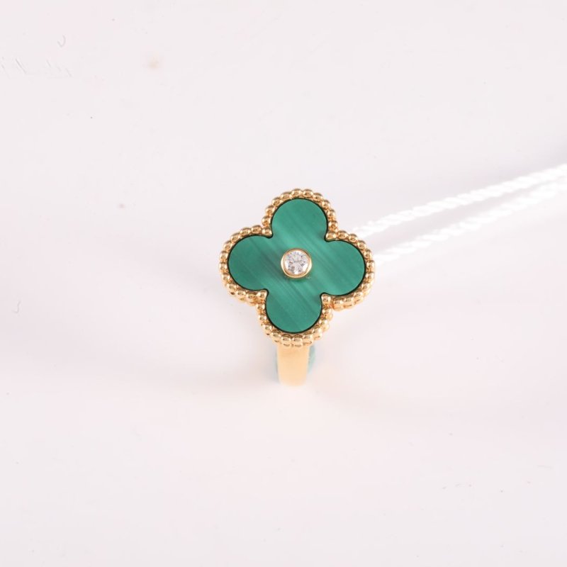 Van Cleef & Arpels VintageAlhambra中號單花戒指單鑽18K黃金/鑽石/孔雀石48黃金戒指-1