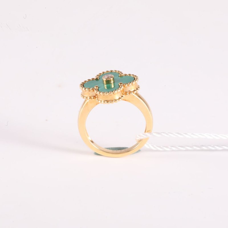Van Cleef & Arpels VintageAlhambra中號單花戒指單鑽18K黃金/鑽石/孔雀石48黃金戒指-2