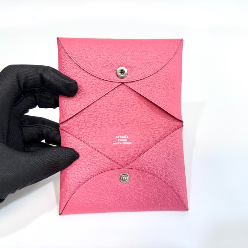 Hermes 8W杜鵑粉山羊皮calvi零錢卡包-5