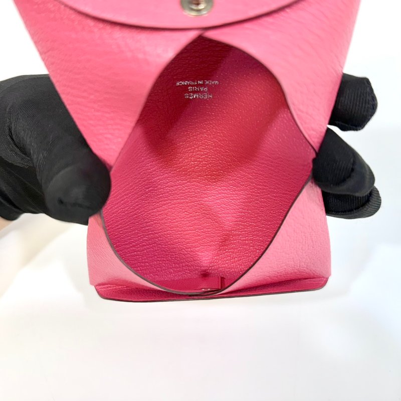 Hermes 8W杜鵑粉山羊皮calvi零錢卡包-9