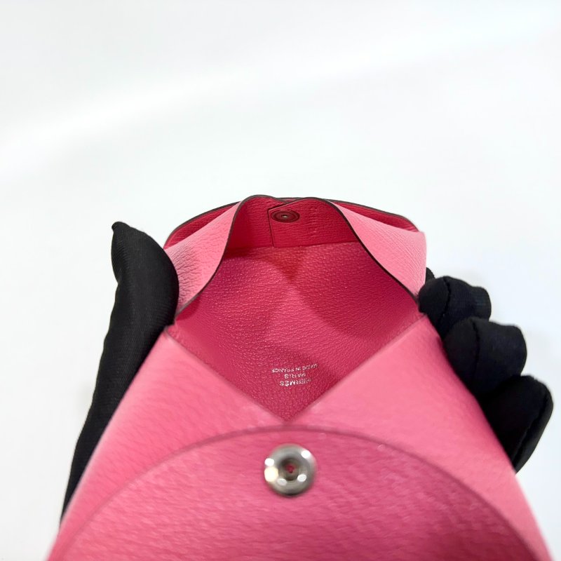 Hermes 8W杜鵑粉山羊皮calvi零錢卡包-13