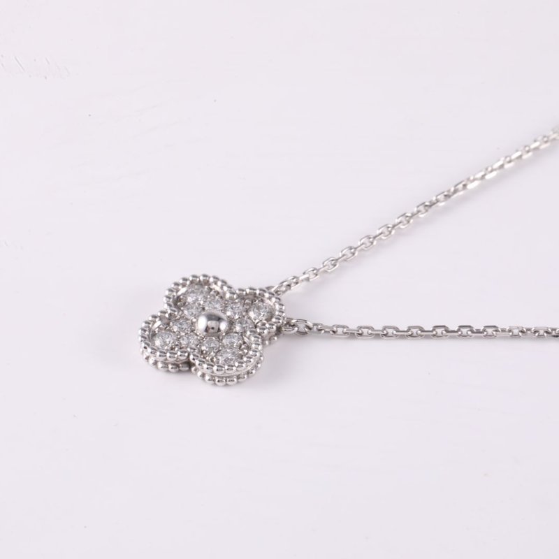 Van Cleef & Arpels VintageAlhambra中號單花項鏈滿鑽18K白金/鑽石項鏈白金鑽石/18K項鍊-1