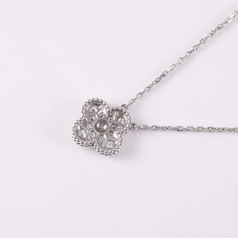 Van Cleef & Arpels VintageAlhambra中號單花項鏈滿鑽18K白金/鑽石項鏈白金鑽石/18K項鍊-2