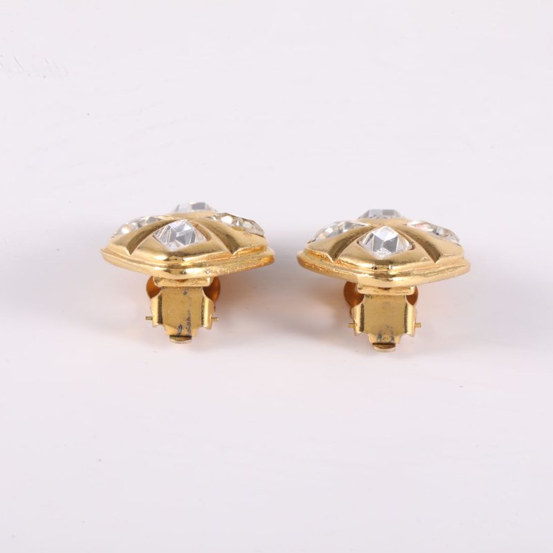 CHANEL 合金中古菱形格水鑽耳夾耳環-2