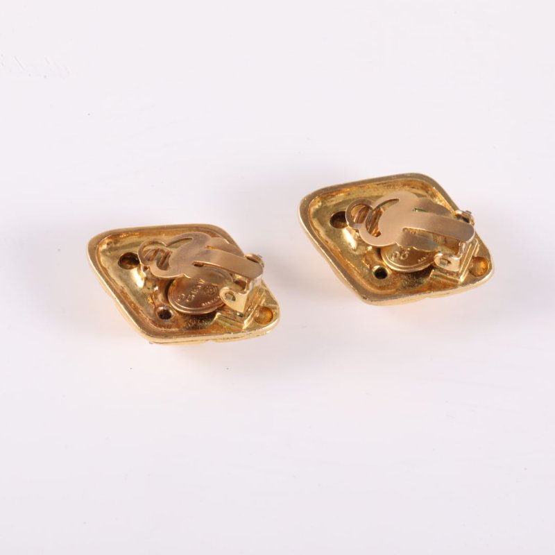 CHANEL 合金中古菱形格水鑽耳夾耳環-4