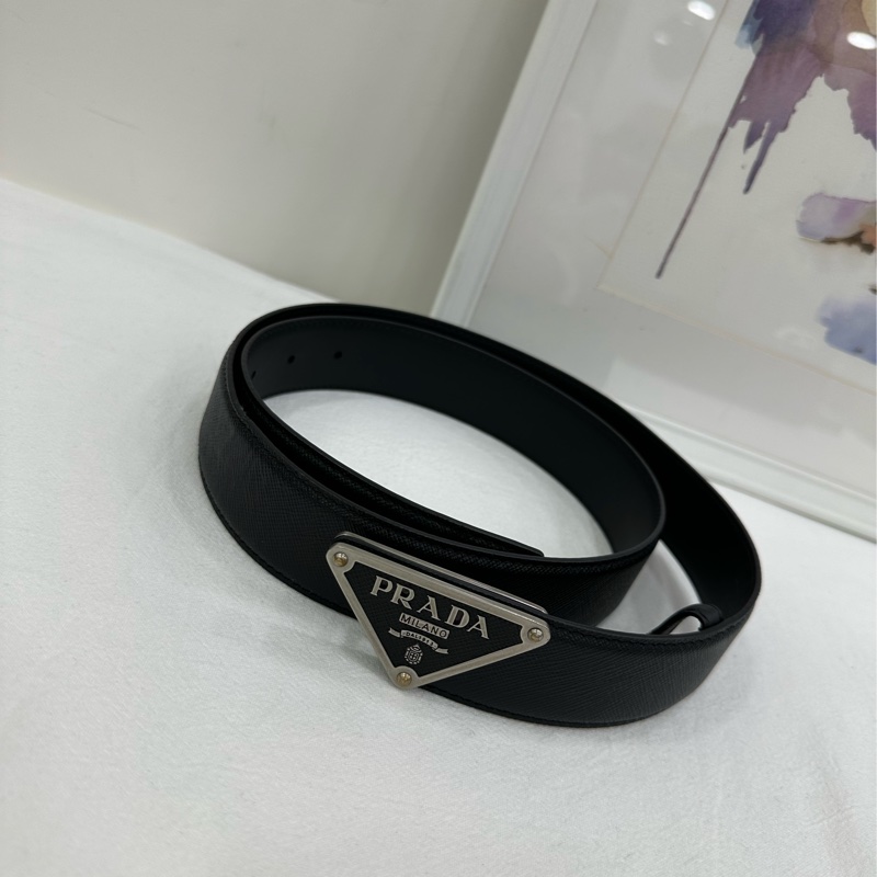 PRADA Saffiano 經典三角琺瑯扣環平扣 皮帶 男女同款 黑色 寬3cm-2