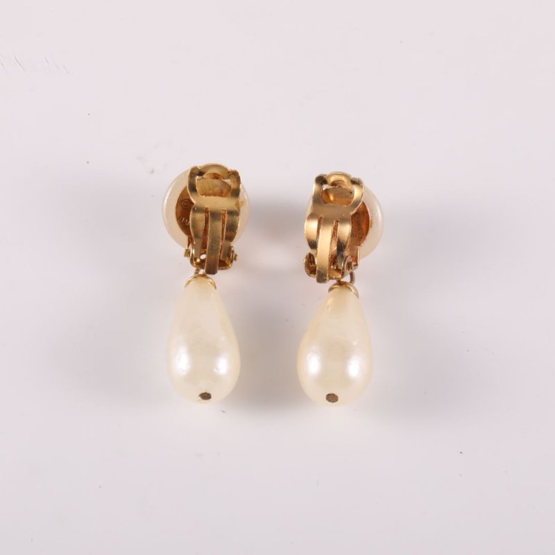 CHANEL 合金中古珍珠吊墜耳夾耳環-3