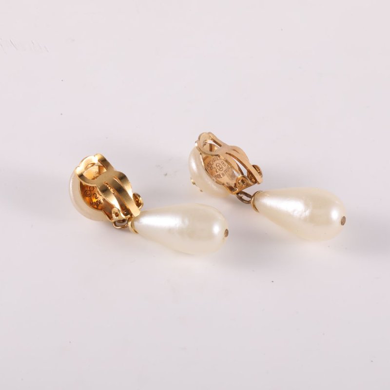 CHANEL 合金中古珍珠吊墜耳夾耳環-4