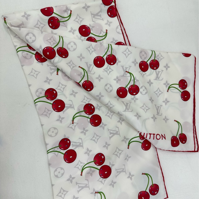 Louis Vuitton x 村上隆聯名櫻桃絲巾,白色F,90x90cm大方巾,桑蠶絲材質-4