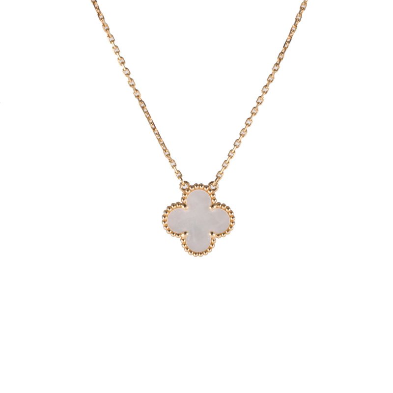 Van Cleef & Arpels VintageAlhambra中號單花項鏈新扣18K黃金/白貝母項鏈黃金項鍊-0