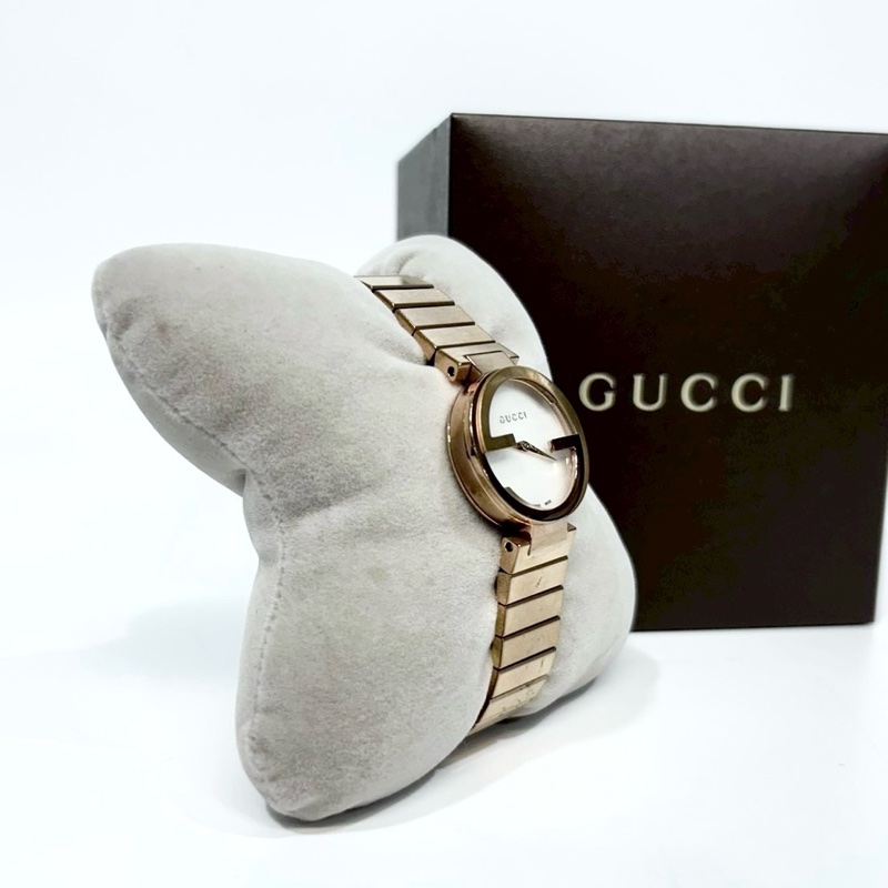 GUCCI玫瑰金珍珠母貝面雙G造型手錶YA133515-3