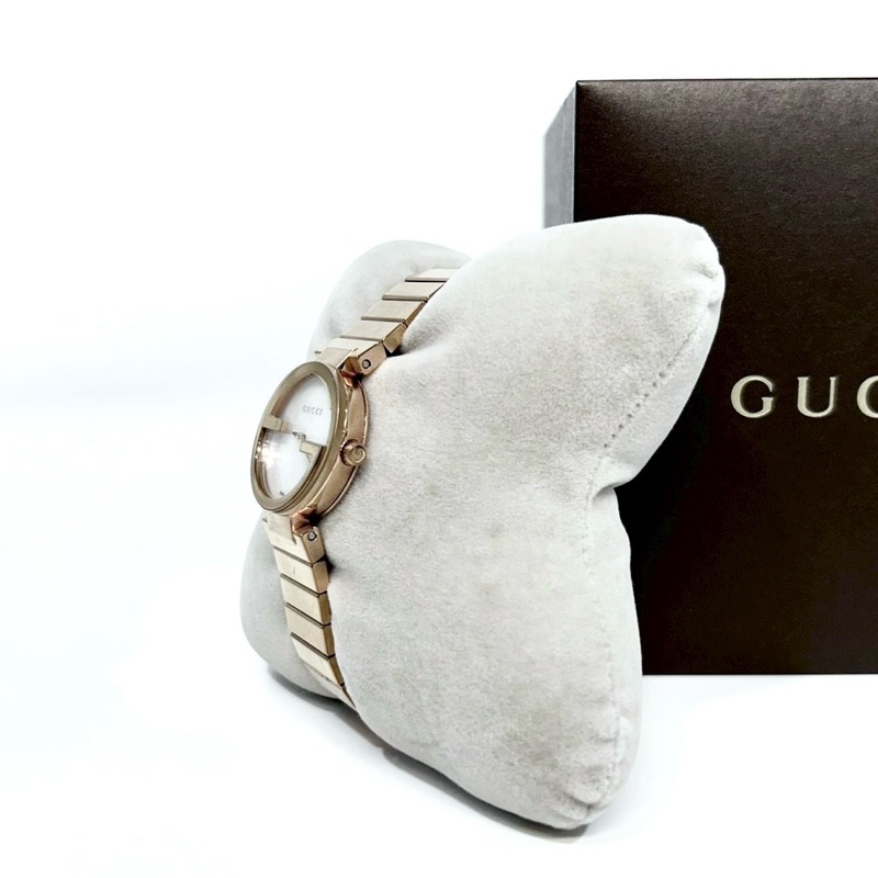 GUCCI玫瑰金珍珠母貝面雙G造型手錶YA133515-4