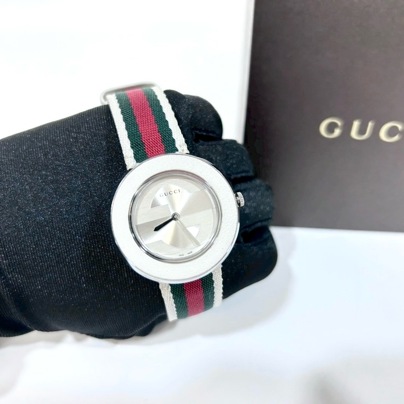 GUCCI白色銀邊綠紅綠織帶手錶YA129411-0