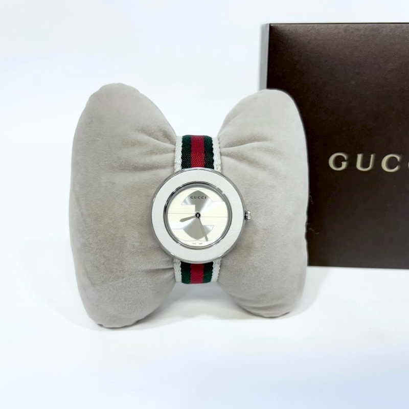 GUCCI白色銀邊綠紅綠織帶手錶YA129411-1