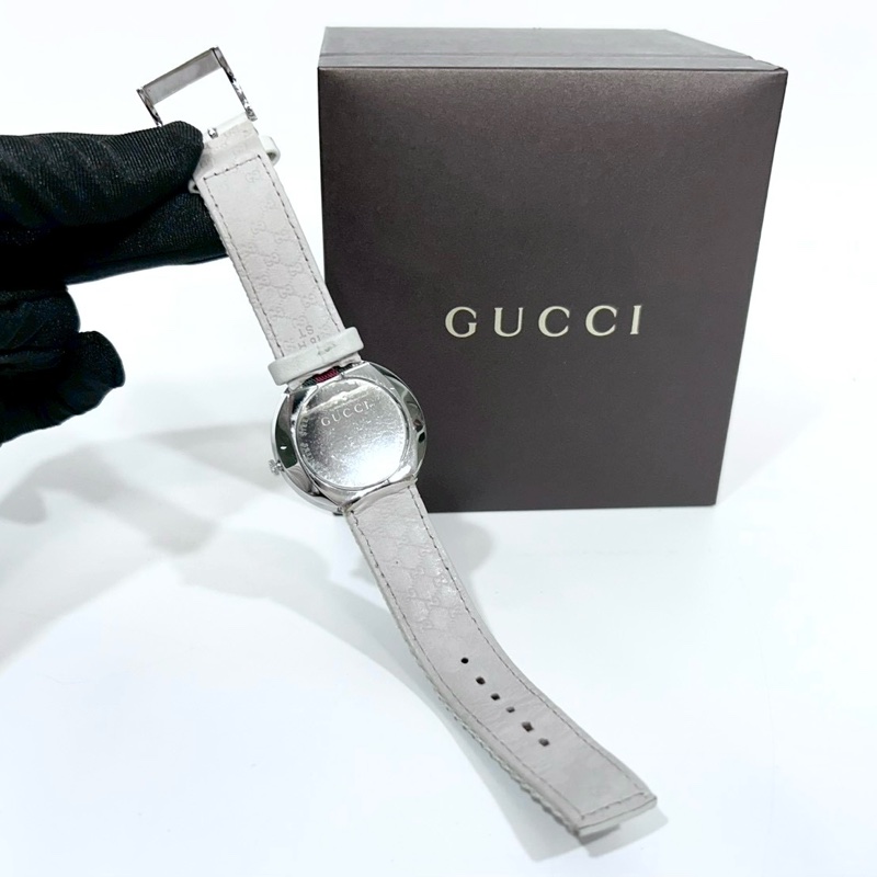 GUCCI白色銀邊綠紅綠織帶手錶YA129411-2