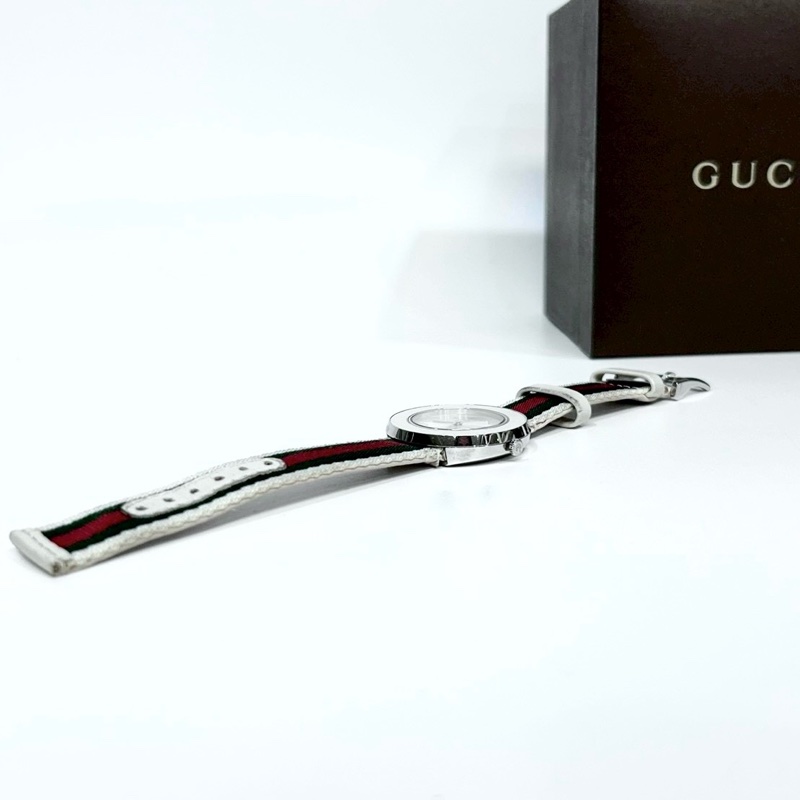 GUCCI白色銀邊綠紅綠織帶手錶YA129411-3