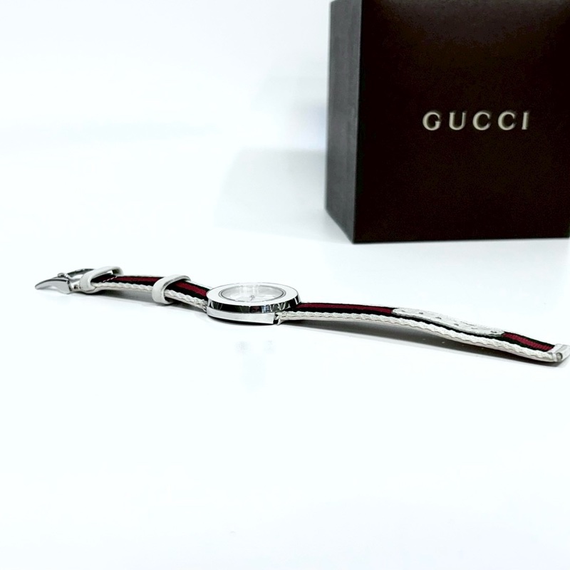 GUCCI白色銀邊綠紅綠織帶手錶YA129411-4