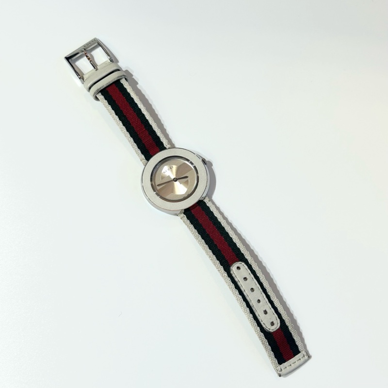 GUCCI白色銀邊綠紅綠織帶手錶YA129411-5