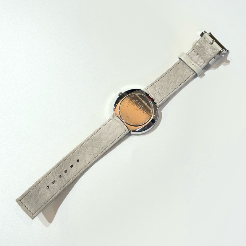 GUCCI白色銀邊綠紅綠織帶手錶YA129411-6