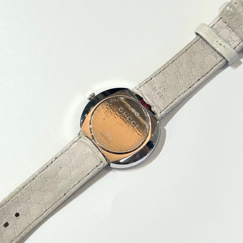 GUCCI白色銀邊綠紅綠織帶手錶YA129411-9