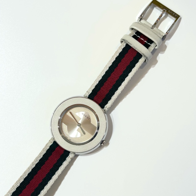 GUCCI白色銀邊綠紅綠織帶手錶YA129411-10