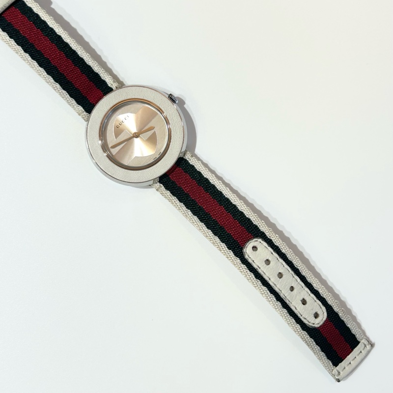 GUCCI白色銀邊綠紅綠織帶手錶YA129411-11
