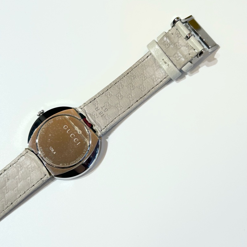 GUCCI白色銀邊綠紅綠織帶手錶YA129411-12