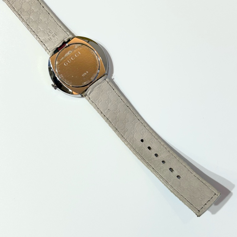 GUCCI白色銀邊綠紅綠織帶手錶YA129411-13