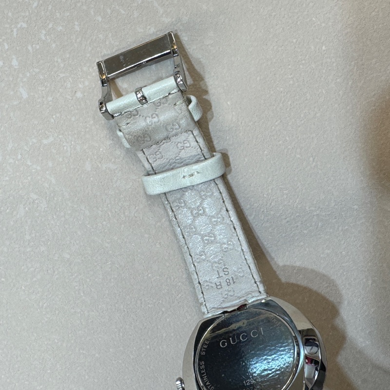 GUCCI白色銀邊綠紅綠織帶手錶YA129411-10