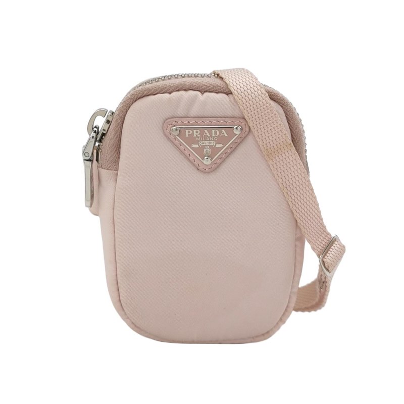 Prada 尼龍布粉色三角徽標拉鍊斜挎包-0
