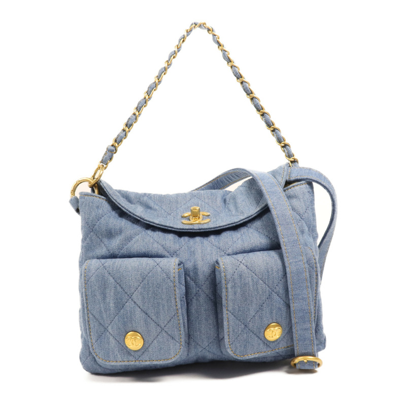 CHANEL 牛仔布Hobo Hand Bag金扣手挽肩背兩用袋-0
