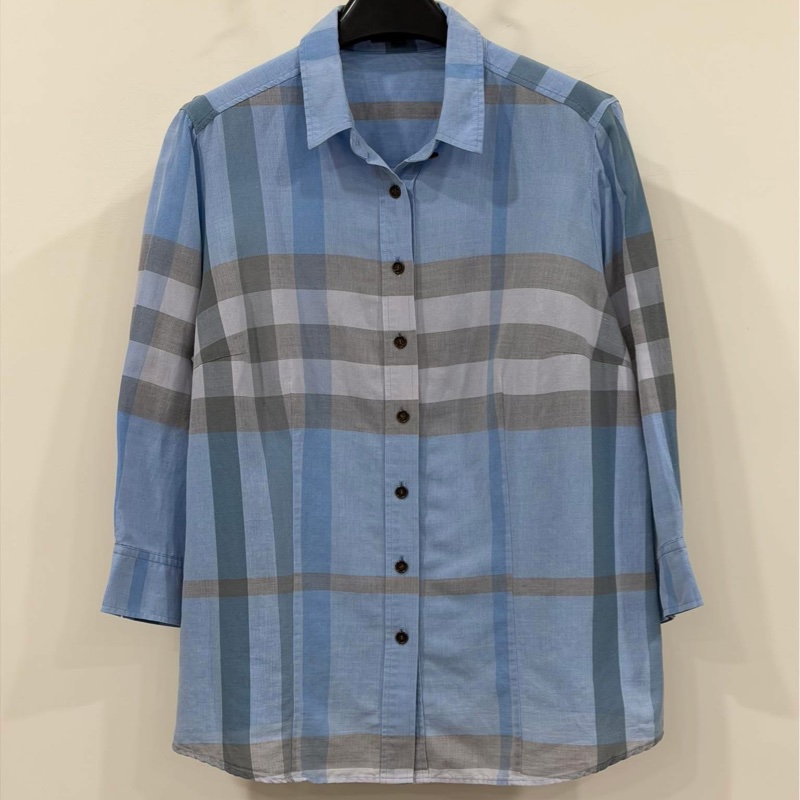 Burberry 倫敦 藍格棉麻八分袖襯衫-0