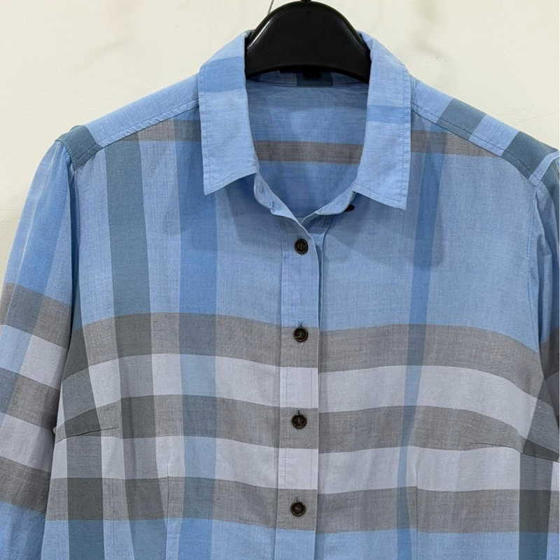 Burberry 倫敦 藍格棉麻八分袖襯衫-2