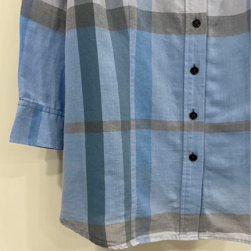 Burberry 倫敦 藍格棉麻八分袖襯衫-3