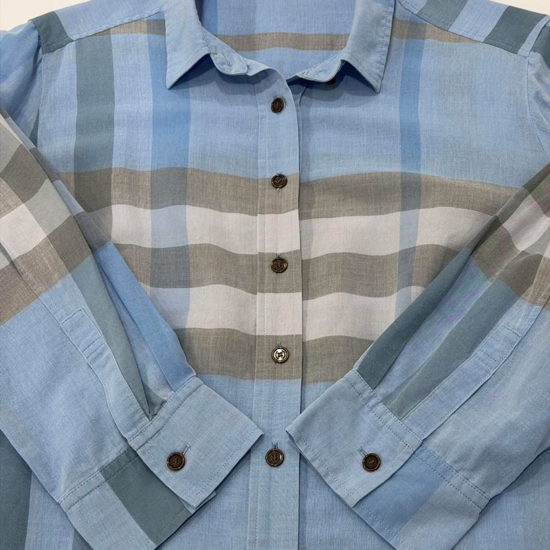 Burberry 倫敦 藍格棉麻八分袖襯衫-4