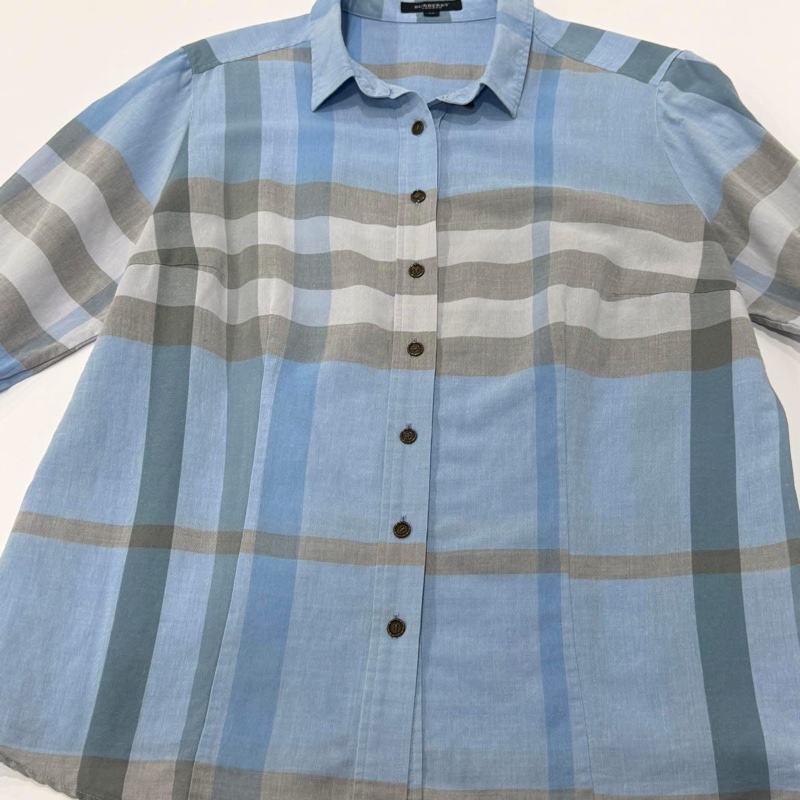 Burberry 倫敦 藍格棉麻八分袖襯衫-5
