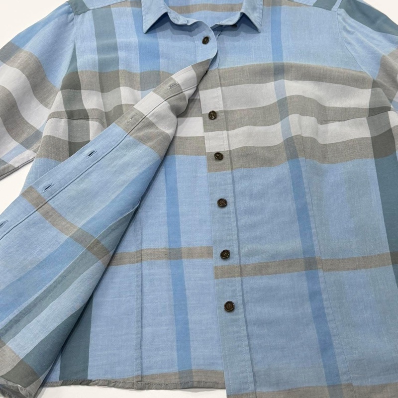 Burberry 倫敦 藍格棉麻八分袖襯衫-6