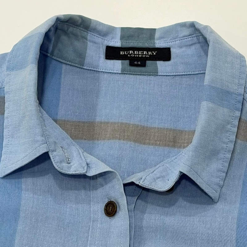 Burberry 倫敦 藍格棉麻八分袖襯衫-7