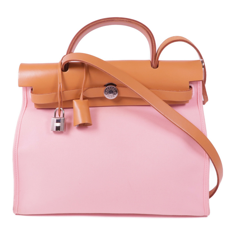 HERMES 帆布Herbag PM銀扣手挽肩背兩用袋Rose Sakura-0