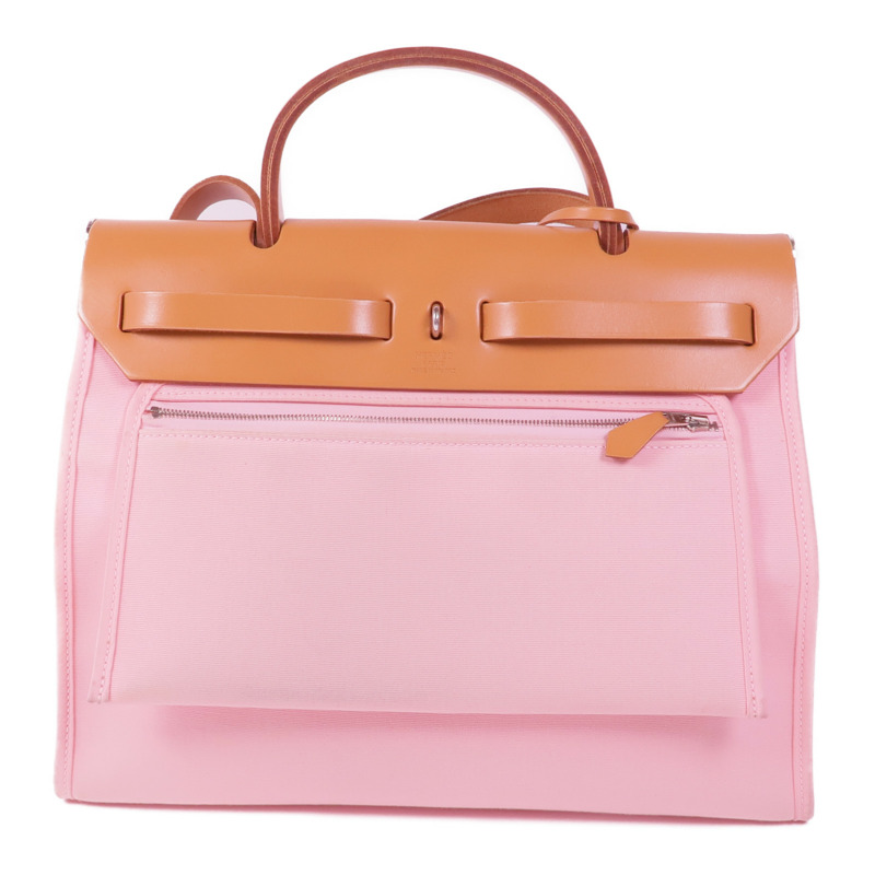 HERMES 帆布Herbag PM銀扣手挽肩背兩用袋Rose Sakura-1
