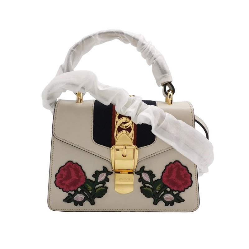 Gucci Sylvie 塞爾維亞迷你牛皮帆布花卉刺繡金屬扣織帶斜挎包單肩包-0