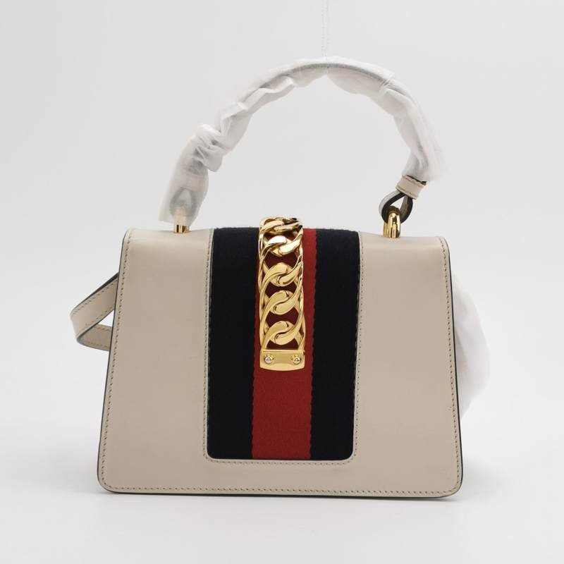 Gucci Sylvie 塞爾維亞迷你牛皮帆布花卉刺繡金屬扣織帶斜挎包單肩包-4