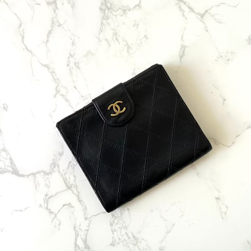 【LA LUNE】中古二手Chanel雙面小羊皮革黑色短夾小銀包零錢手袋-0