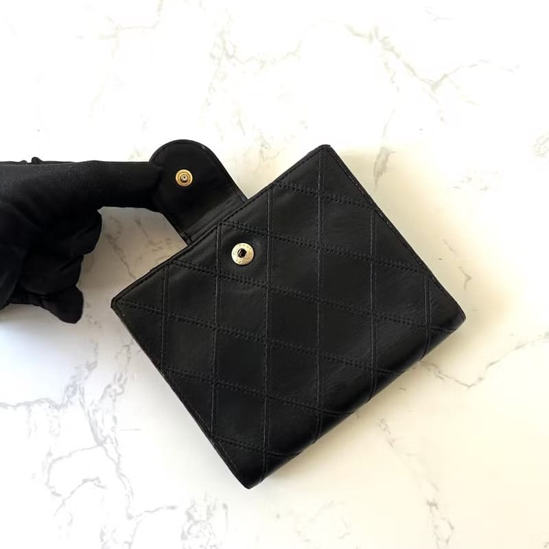 【LA LUNE】中古二手Chanel雙面小羊皮革黑色短夾小銀包零錢手袋-2