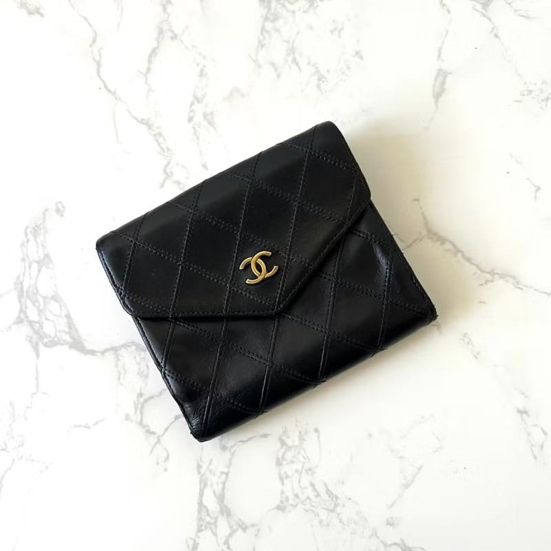 【LA LUNE】中古二手Chanel雙面小羊皮革黑色短夾小銀包零錢手袋-3