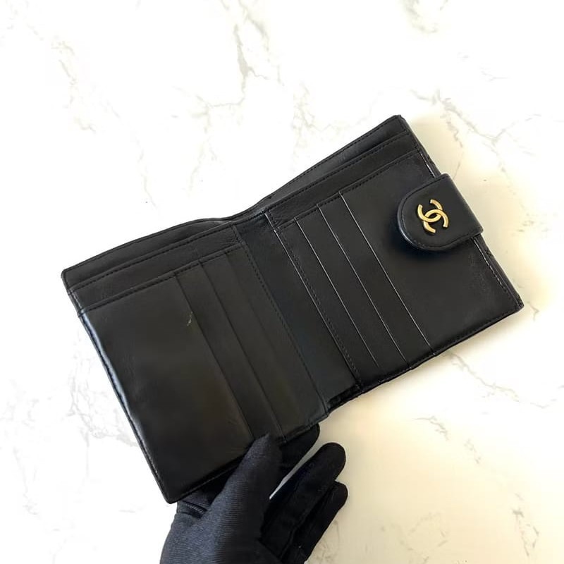 【LA LUNE】中古二手Chanel雙面小羊皮革黑色短夾小銀包零錢手袋-4